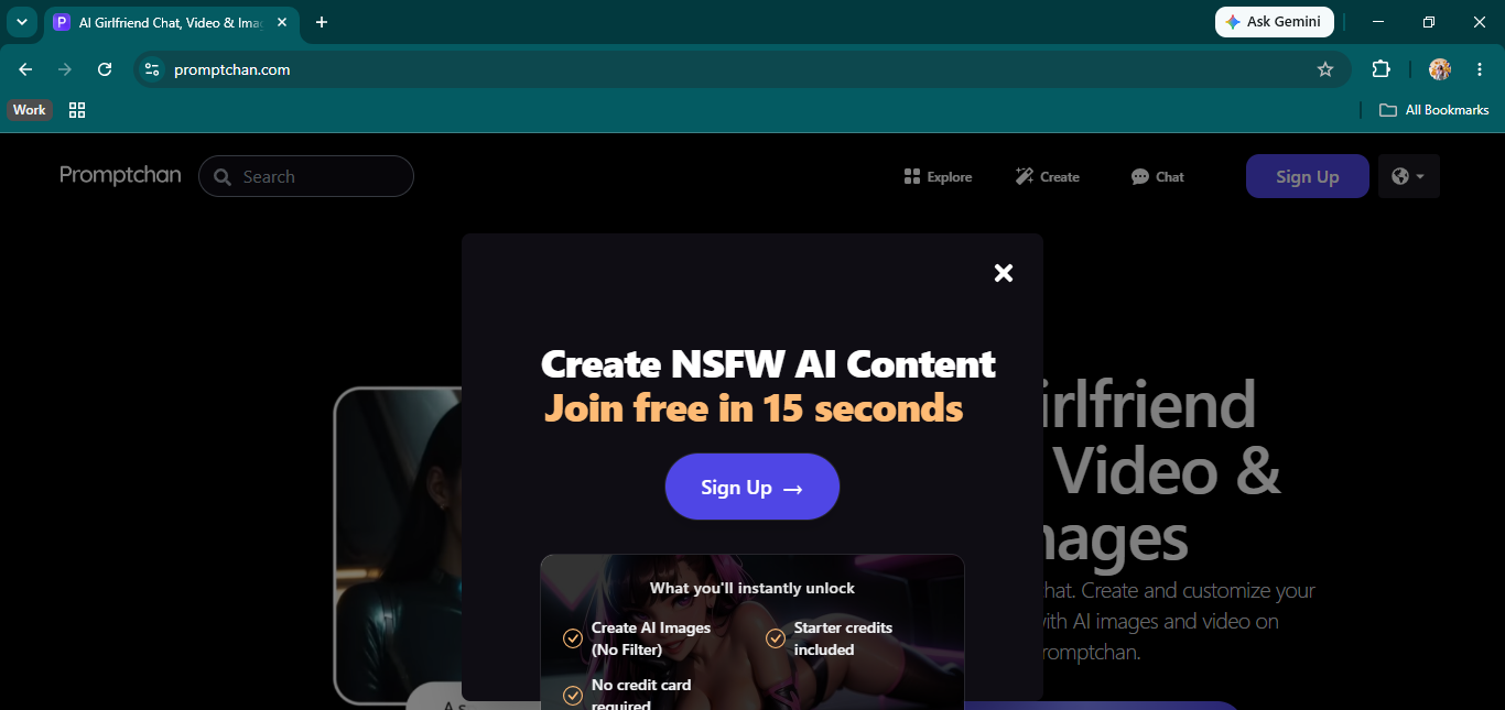 Promptchan AI homepage — create NSFW AI chat, video, and images