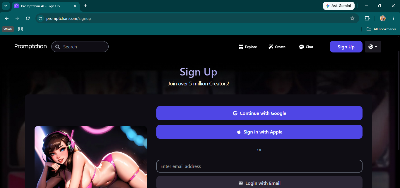Promptchan AI sign-up — no credit card required, starter credits included
