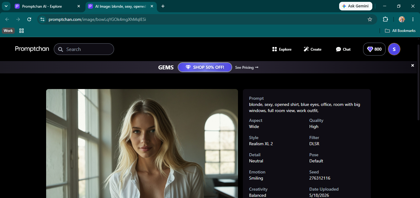 The Explore tab — a public generation with its full settings and seed listed