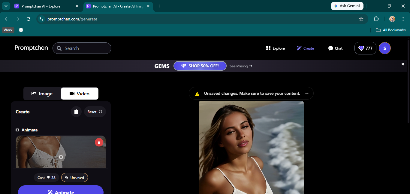 The Promptchan AI Video tab — animating a generated still at 28 Gems per clip