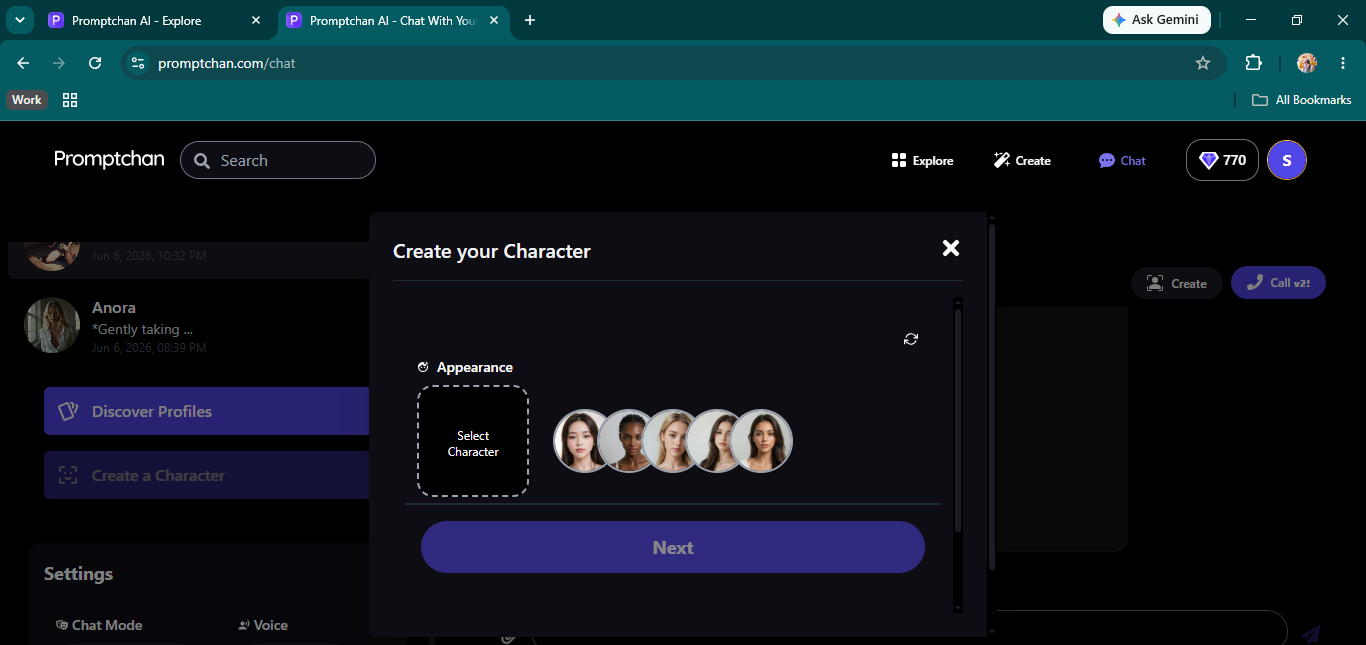 The Promptchan AI character builder — appearance, name, and personality setup