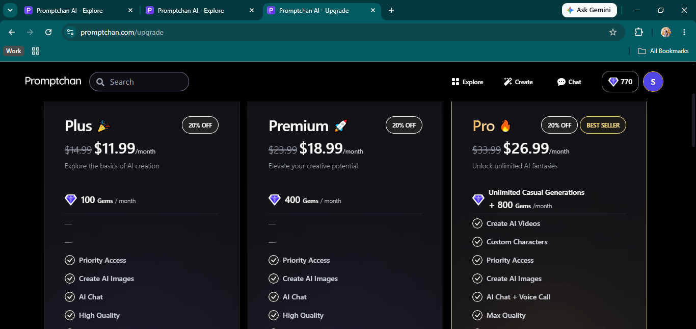 Promptchan AI pricing — Plus, Premium, and Pro tiers